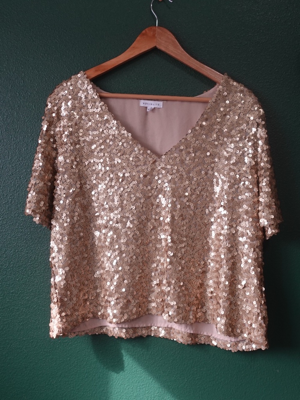 S.C. Society Gold Sequin Fairy Sexy Holiday Party Shirt Top V Neck Size XL